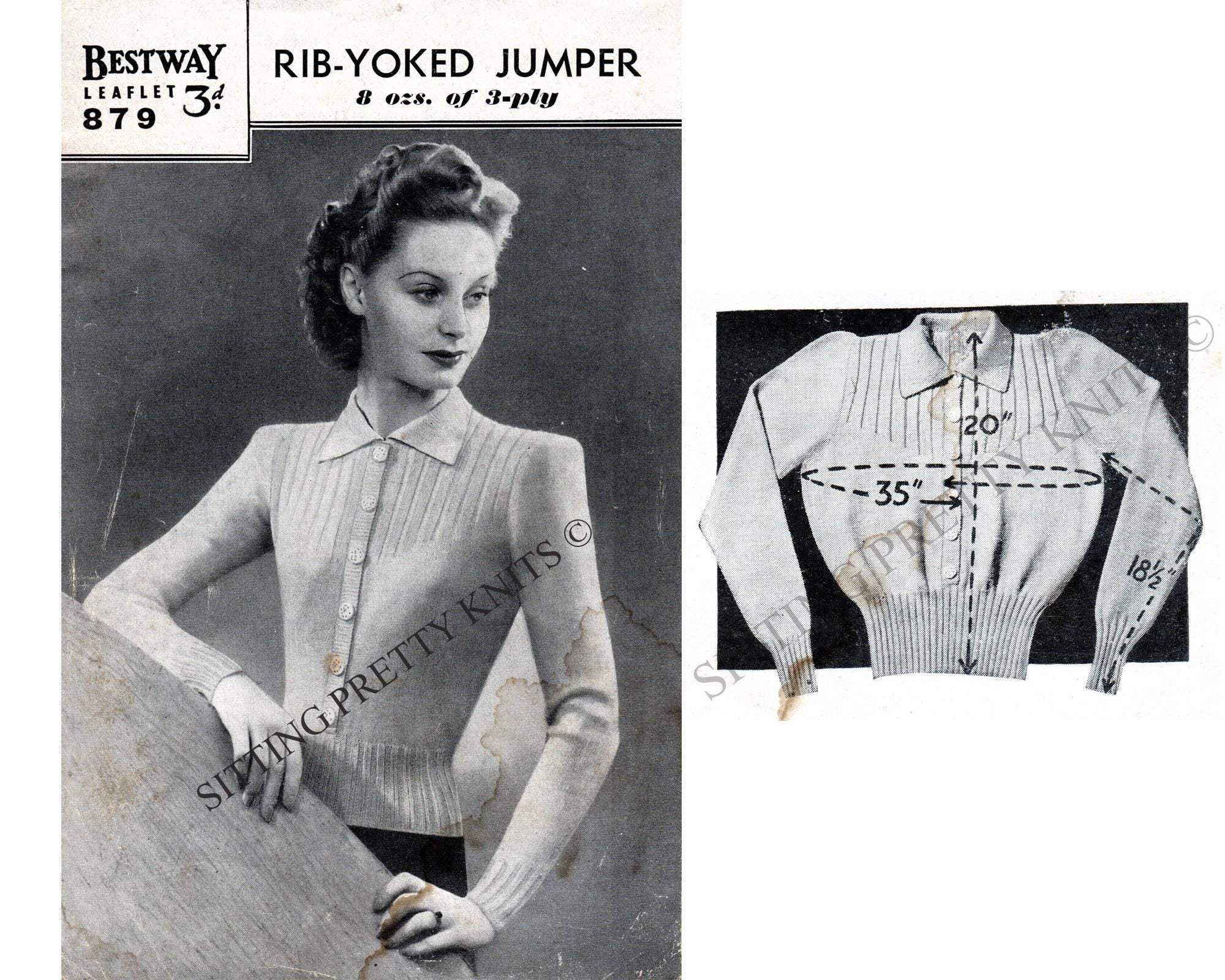 1940s Rib Yoked Jumper Knitting Pattern, Bust 35" (PDF Pattern) - Sitting Pretty Knits