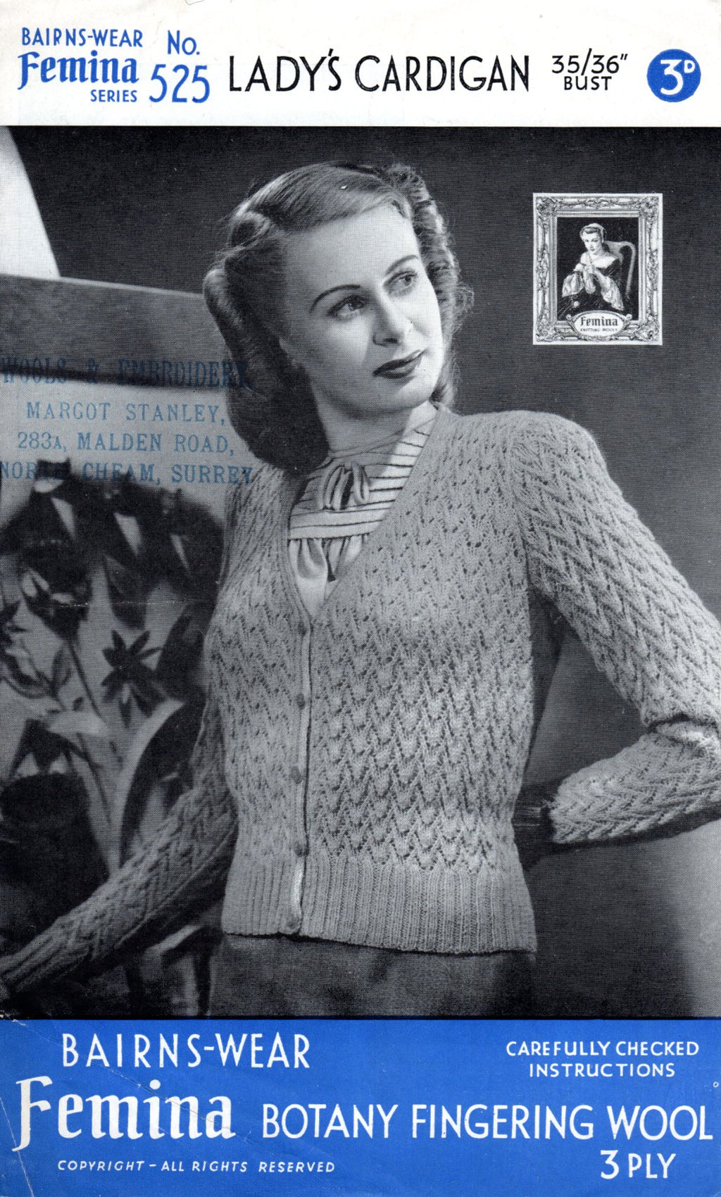 Vintage 1940s Lady’s Cardigan Knitting Pattern PDF – Bairns - Wear Femina No. 525 – 35–36” Bust – Fingering Wool - Sitting Pretty Knits