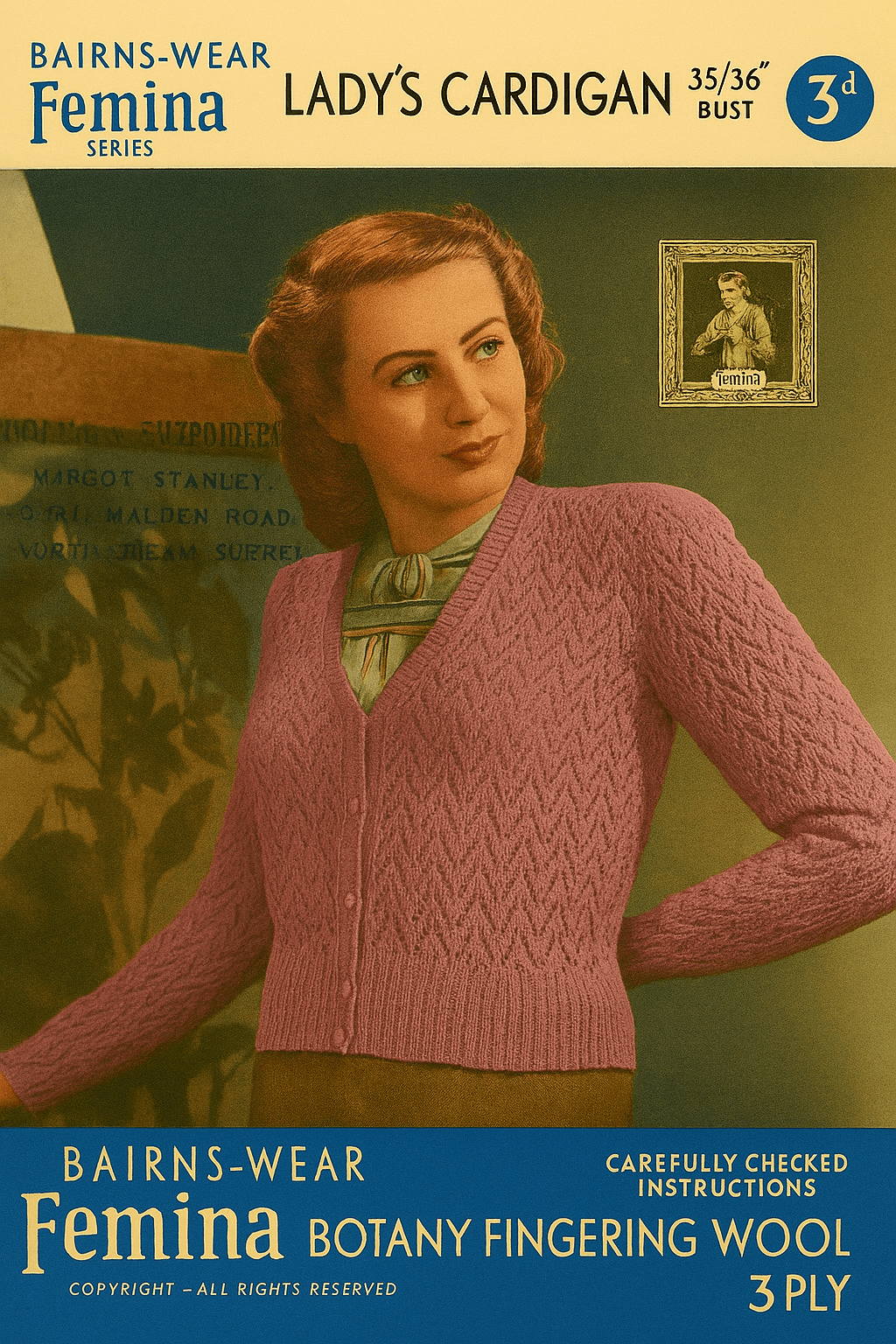 Vintage 1940s Lady’s Cardigan Knitting Pattern PDF – Bairns - Wear Femina No. 525 – 35–36” Bust – Fingering Wool - Sitting Pretty Knits