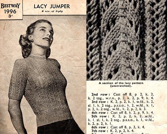 1940s Lacy Knit Jumper Pattern, Bust 31 - 34" (PDF Pattern) - Sitting Pretty Knits