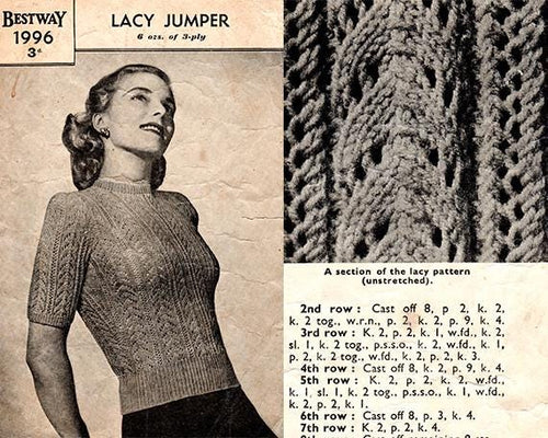 1940s Lacy Knit Jumper Pattern, Bust 31 - 34" (PDF Pattern) - Sitting Pretty Knits