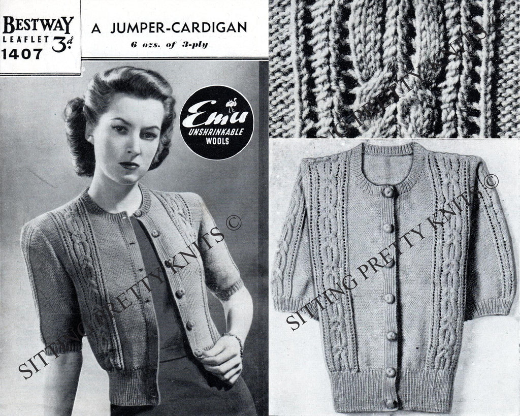 Bestway Leaflet 1407, 1940s Jumper Cardigan with lacy cable - stitch panels, digital knitting pattern - Sitting Pretty Knits