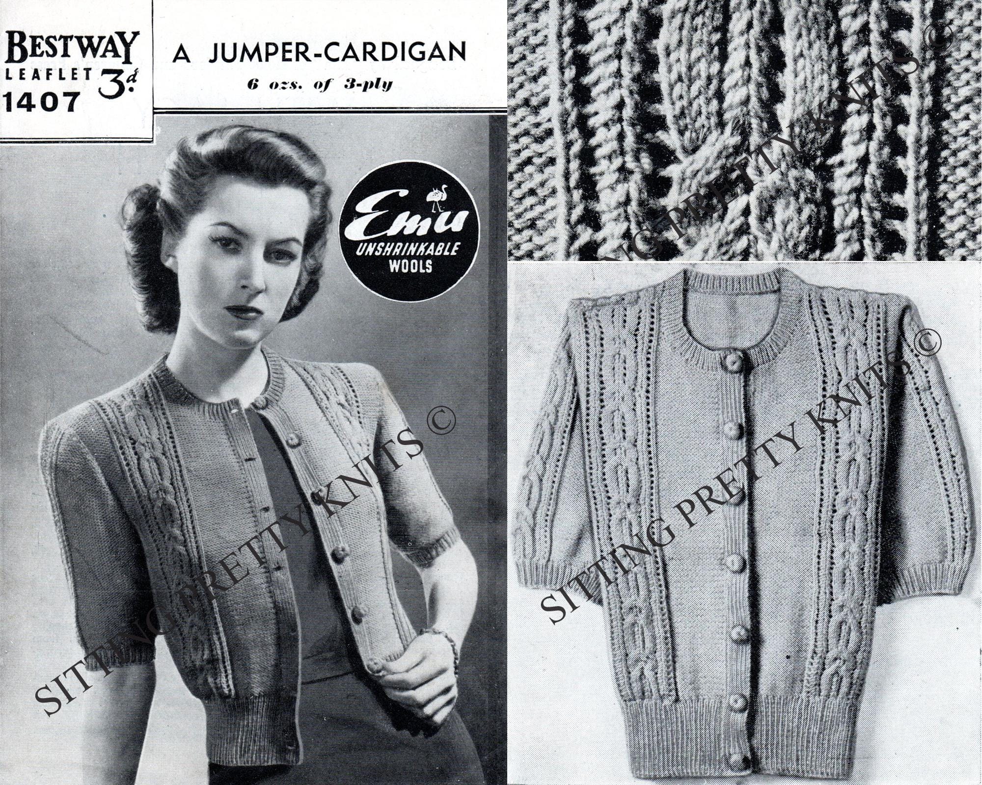 Bestway Leaflet 1407, 1940s Jumper Cardigan with lacy cable - stitch panels, digital knitting pattern - Sitting Pretty Knits