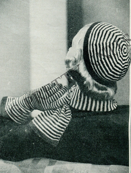 1930s Striped Knit Cap, Gauntlet Gloves & Scarf Pattern (PDF Download) - Sitting Pretty Knits