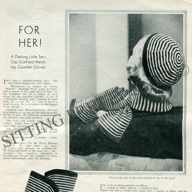 1930s Striped Knit Cap, Gauntlet Gloves & Scarf Pattern (PDF Download) - Sitting Pretty Knits