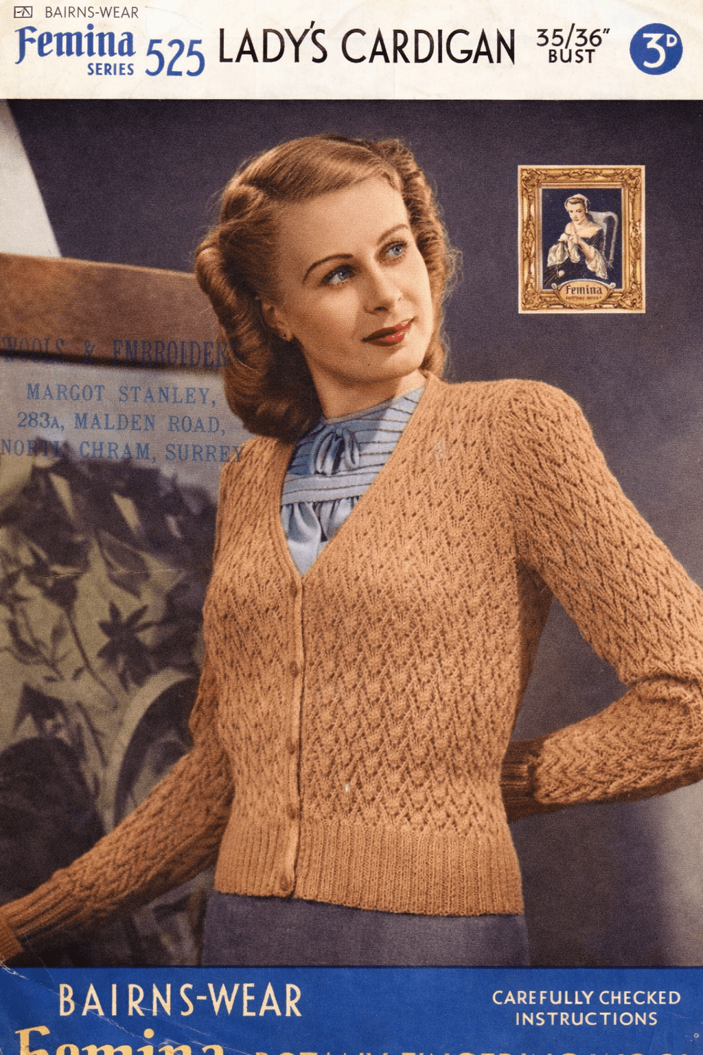 Vintage 1940s Lady’s Cardigan Knitting Pattern PDF – Bairns - Wear Femina No. 525 – 35–36” Bust – Fingering Wool - Sitting Pretty Knits