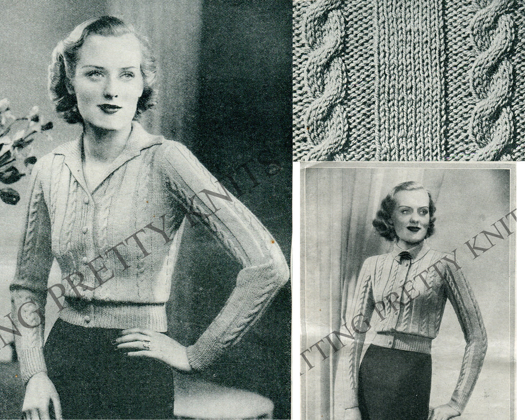 1930s Cable Knit Cardigan Pattern, Bust 35 - 38" (PDF Pattern) - Sitting Pretty Knits