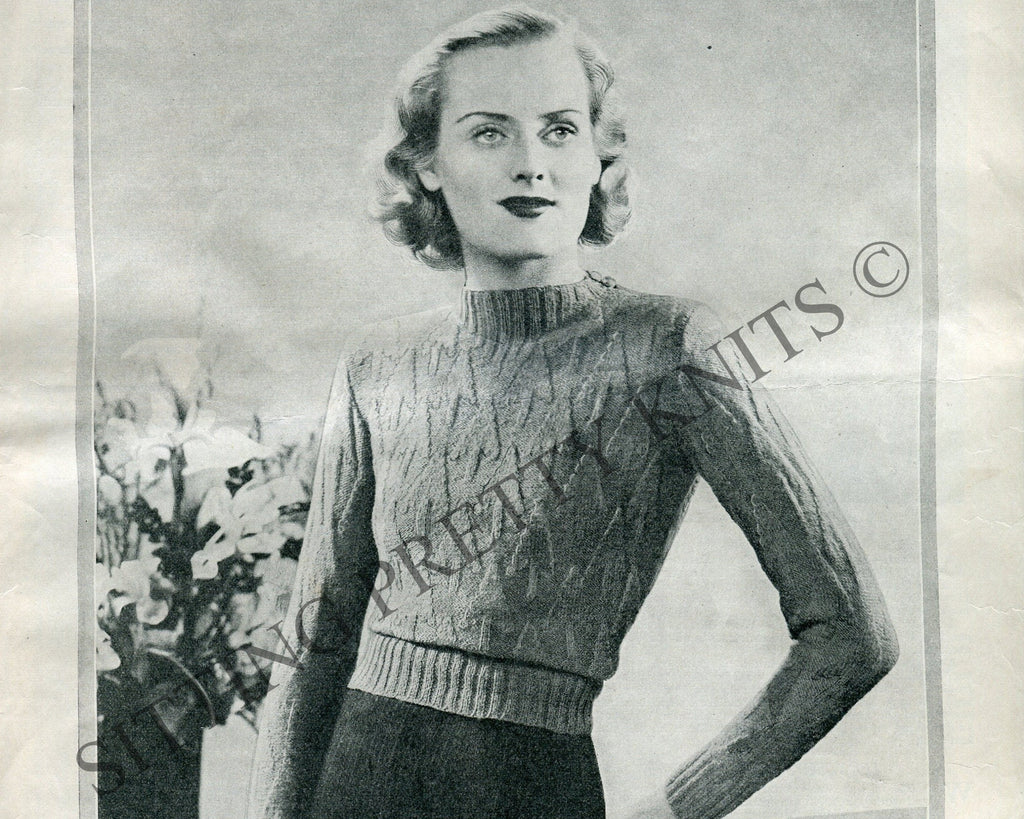 1930s Vintage Sweater Digital Knitting Pattern, Pretty in Pine Trees Pattern, Bust 32" - 34" - Sitting Pretty Knits