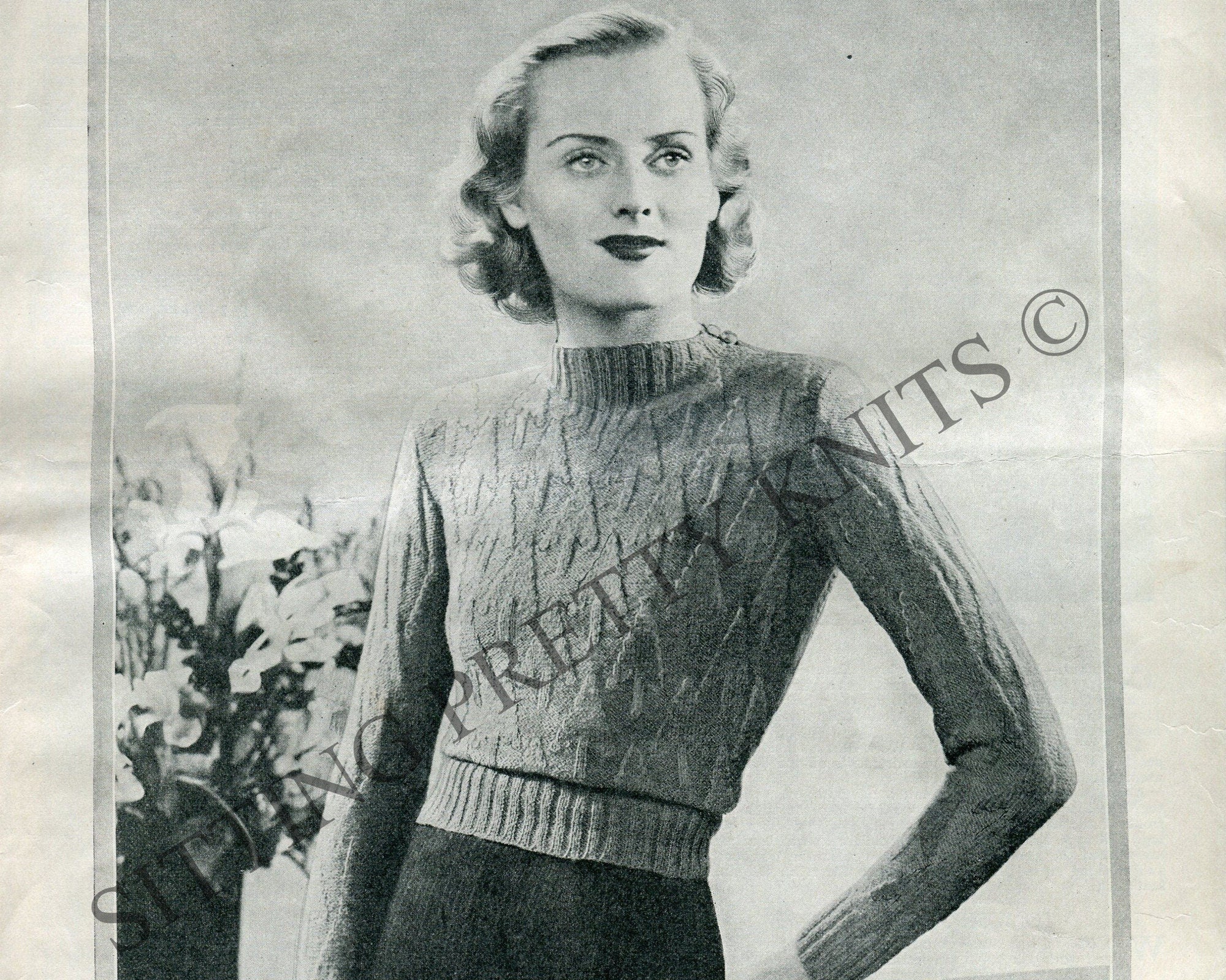 1930s Vintage Sweater Digital Knitting Pattern, Pretty in Pine Trees Pattern, Bust 32" - 34" - Sitting Pretty Knits