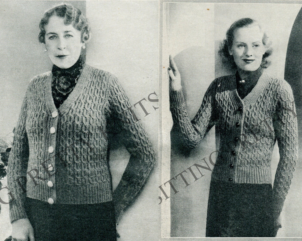 Bust 35" AND 44", Cabled Quick Knit, 1930s vintage cardigan 30s knitting pattern pdf - Sitting Pretty Knits