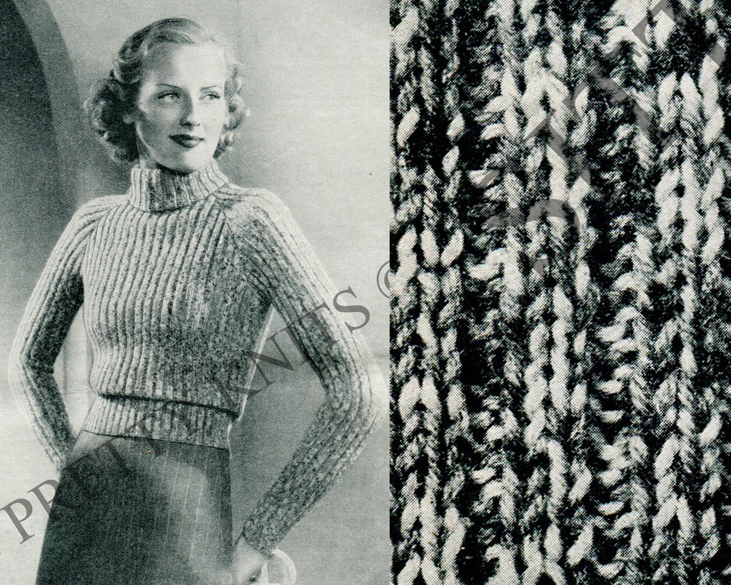 Vintage 1930s Ribbed Polo Neck Sweater Knitting Pattern (PDF Pattern) - Sitting Pretty Knits