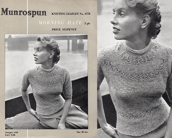 Vintage Ranunculus style jumper PDF Knitting Pattern Bust 36", Munrospun Leaflet 6778 Morning Haze Lace Yoke Jumper, 50s Lacy Spring Sweater - Sitting Pretty Knits
