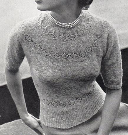 Vintage Ranunculus style jumper PDF Knitting Pattern Bust 36", Munrospun Leaflet 6778 Morning Haze Lace Yoke Jumper, 50s Lacy Spring Sweater - Sitting Pretty Knits